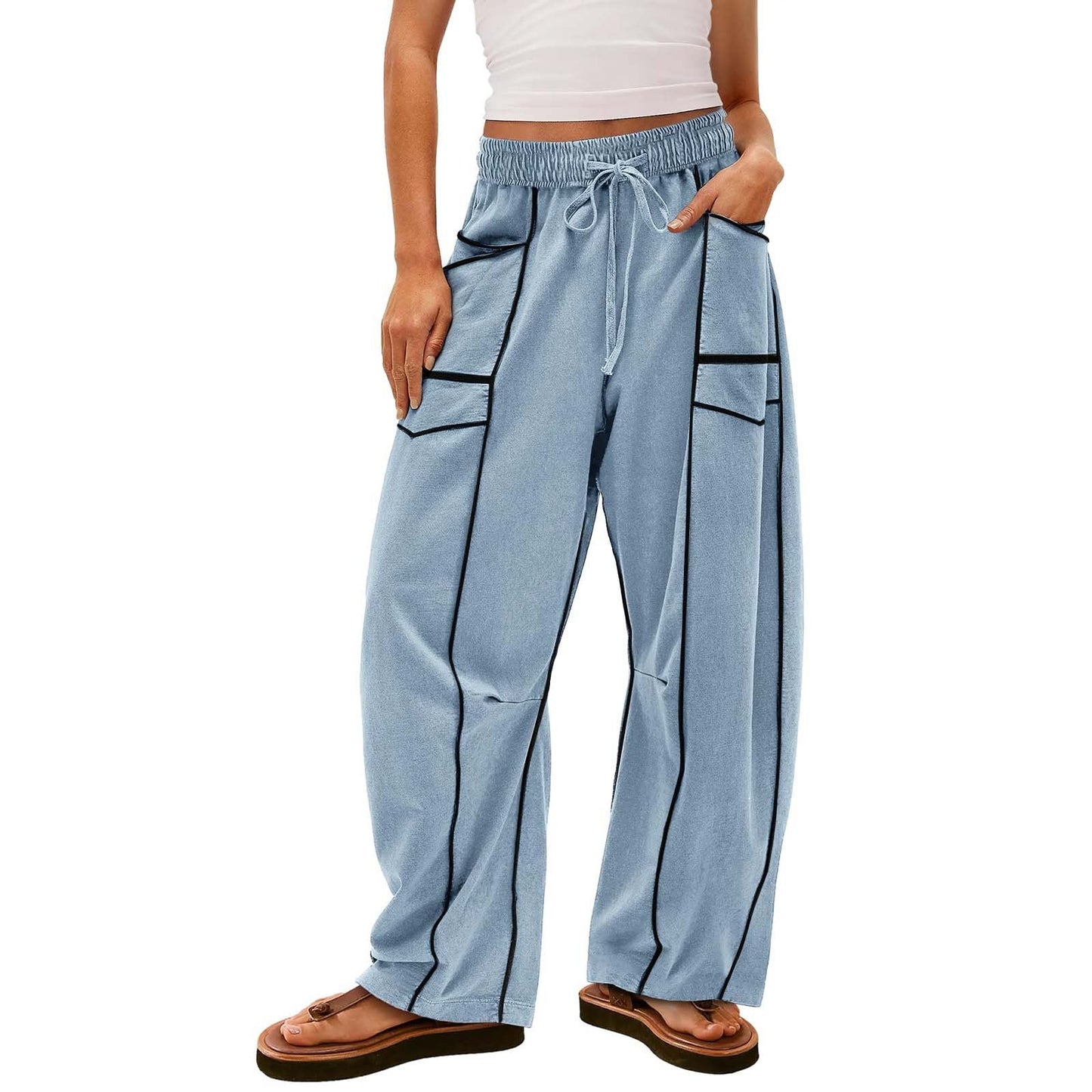 Y2K Black Striped Wide-leg Pants With Pockets Fashion Loose Drawstring Trousers Sports Sweatpants Women's Clothing