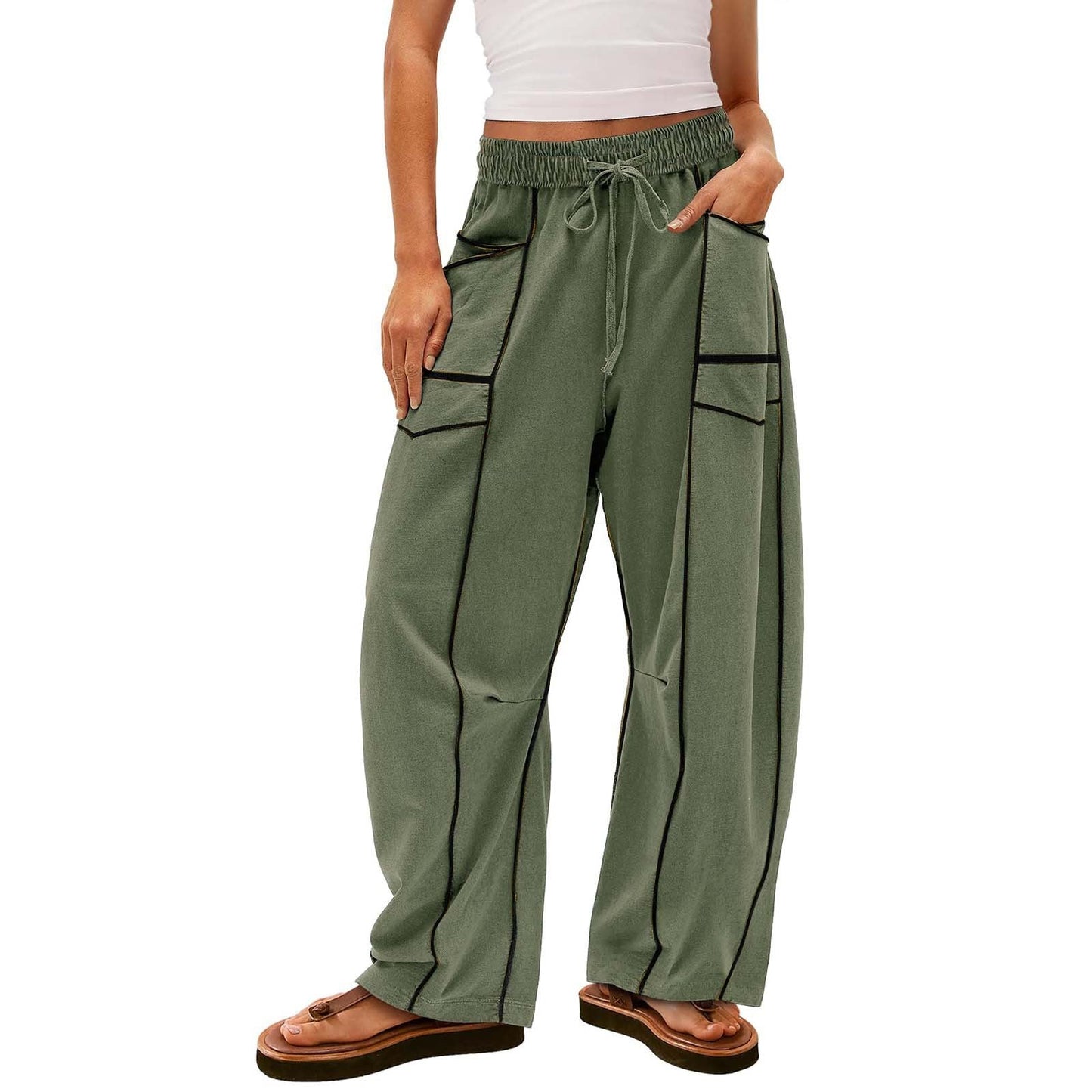 Y2K Black Striped Wide-leg Pants With Pockets Fashion Loose Drawstring Trousers Sports Sweatpants Women's Clothing