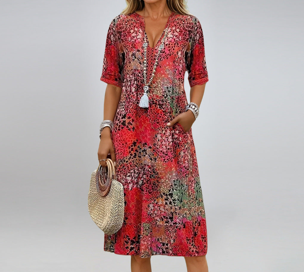 Summer V-neck Half-sleeved Dress With Pockets Fashion Ethnic Print Dresses Beach Holiday Clothing For Women
